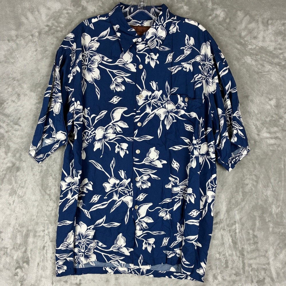 Tori Richard Honolulu Mens Navy Blue Hibiscus Floral Viscose Shirt L